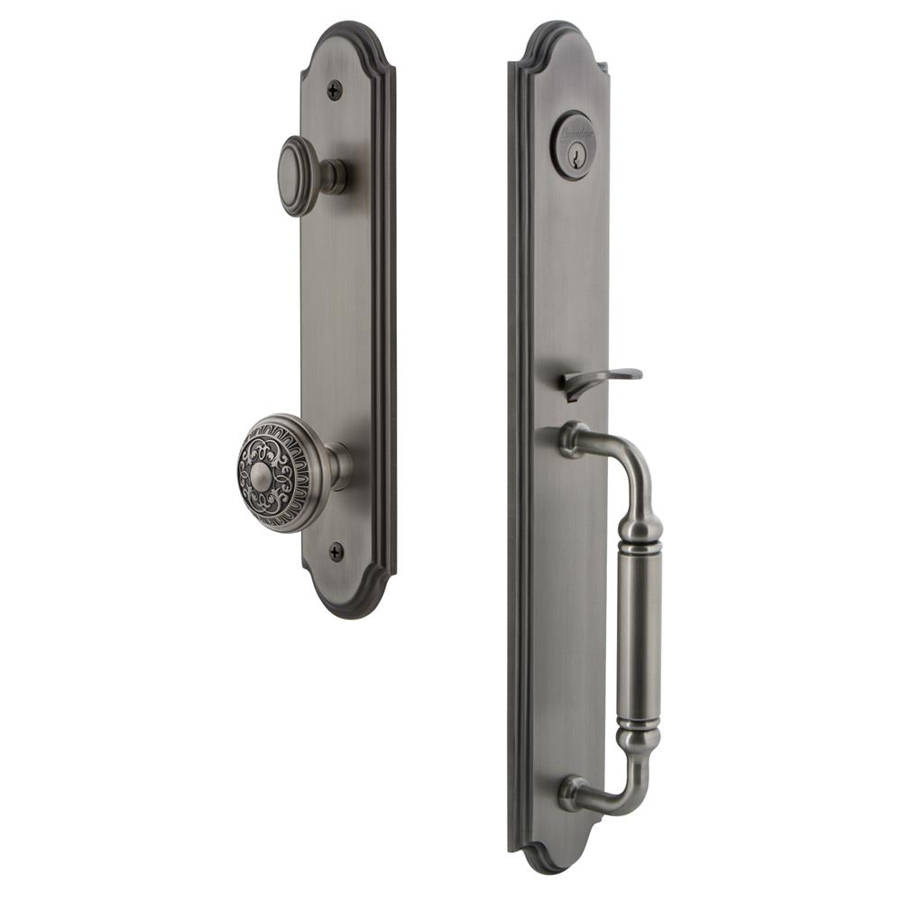 Grandeur by Nostalgic Warehouse ARCCGRWIN Arc One-Piece Handleset with C Grip and Windsor Knob in Antique Pewter